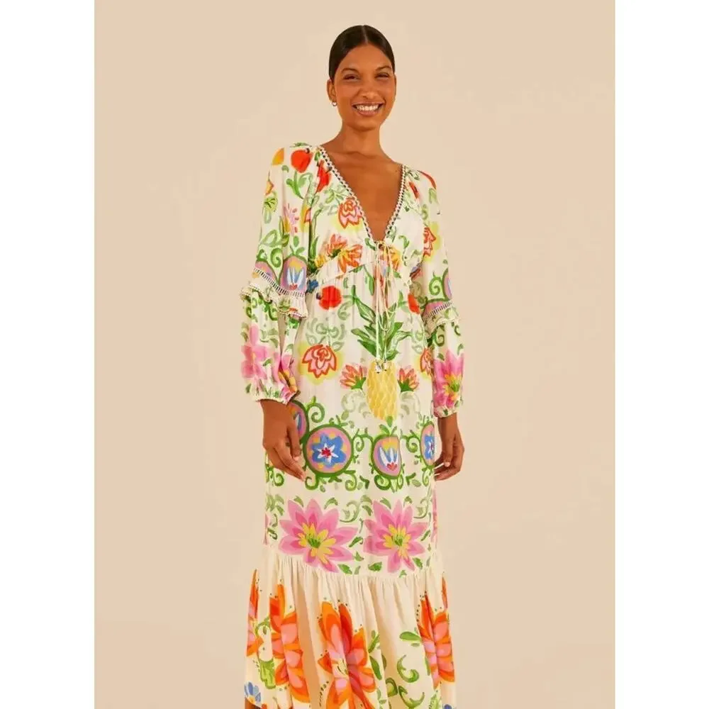 B58 FARM Rio Pineapple Floral Maxi Dress Small Boho Resort Vacation Tropical - Picture 1 of 10